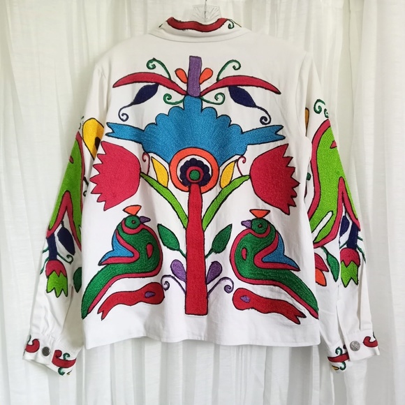 Coldwater Creek Embroidered Jacket Tropical Floral White Cotton Denim Buttons M - Picture 2 of 8